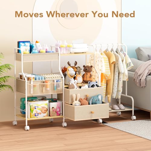 BBLIKE Diaper Caddy Organizer with Hanging Rack - 3 Tier Rolling Utility Cart with Drawers and Dividers for Baby Bottle Storage - Bedside Cart for Changing Station, Crib, Nursery, Bedroom, Beige - color: Beige