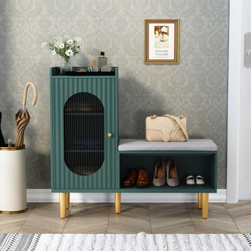 HLR Storage Bench with Glass Door&Shelf, Modern Entryway Shoe Cabinet Bench with Padded Seat, Green L-Shaped Storage Cabinet for Hallway, Bedroom, Living Room, Office - color: Green, size: 1Piece