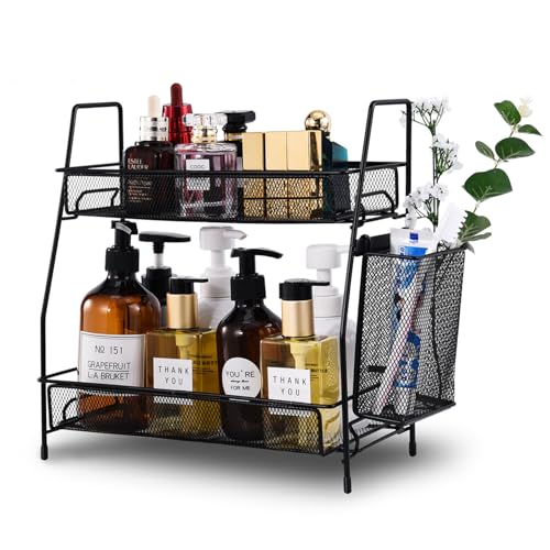 LEMIKKLE 2-Tier Bathroom Countertop Organizer,Skincare, Makeup Countertop Organizers, Kitchen, Bathroom Counter Storage with Small Basket (Black) - color: Black (Size: 7" x 12" x 13")