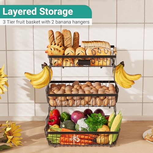 3 Tier Fruit Basket for Kitchen Counter with 2 Banana Hangers, Countertop Metal Fruit Bowl with Wooden Handle, Large Storage Stand for Vegetables, Snacks, Breads, Produce Storage – Black - color: Black, size: 3 Tier