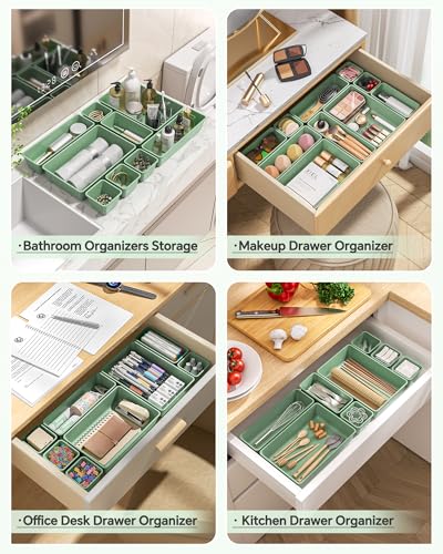KEMETHY 25 PCS Plastic Drawer Organizers Set, 4 Sizes Vanity Organizer, Makeup and Desk Drawer Organizer Trays, Organization and Storage for Makeup, Bathroom, Kitchen Utensils and Office (Green) - color: Green