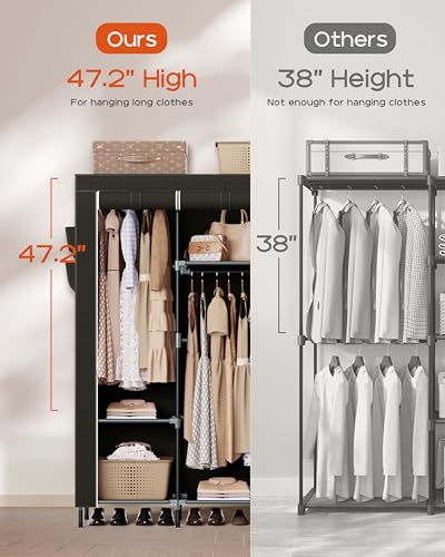 CASAMAYA Portable Closet, 51.2 Inch Large Capacity Wardrobe Closet with Cover, Clothes Storage Organizer with Shelves and 3 Hanging Rods, Easy to Assembly, Black PCT203B01 - size: 51.2"L x 17.7"W x 70.9"H