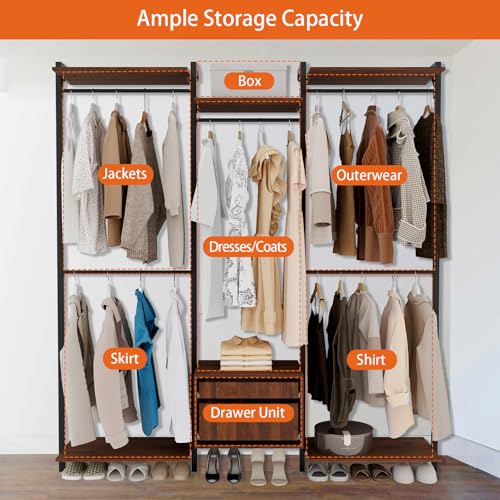 Wall-Mounted Steel & Wood Closet Organizer System with 4 Adjustable Shelves, 5 Hanging Rods, and 2 Drawers – Modern Open Wardrobe, Walnut - color: BC03-walnut