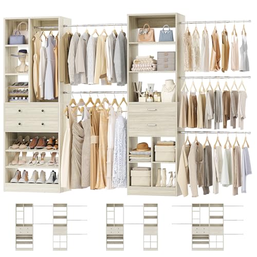 Besiost Closet System, Up to 128.6"/10.7 FT Closet Organizer with 4 Wooden Drawers and Shelves, Walk-in Closet System with 6 Hanging Rods, Built-in Closet Can Fit 96"/8FT, 120"/10FT, Greige Oak - color: Greige Oak, size: Style B: 72"—128.6"(W)