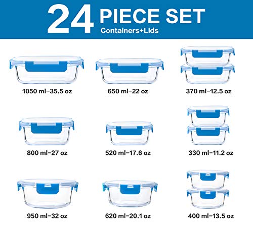 M MCIRCO 24-Piece Glass Food Storage Containers with Upgraded Snap Locking Lids,Glass Meal Prep Containers Set - Airtight Lunch Containers, Microwave, Oven, Freezer and Dishwasher, Blue - color: Blue