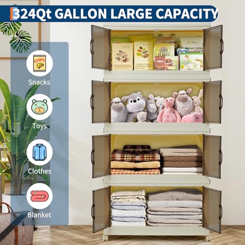 GarveeHome 324QT Stackable Storage Bins, Folding Storage Box with Magnetic Doors & Wheels, Loset Organizers and Storage with Lids, Collapsible Plastic Drawers for Bedroom Kitchen Office, White - color: 4rd floor, size: 81QT