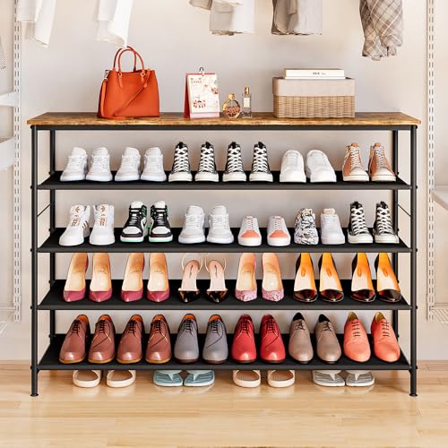 INGIORDAR Shoe Rack Organizer 5 Tier Metal Organizer Shelf with Industrial MDF Board and Layer Fabric for Entryway Closet Bedroom Living Room Garage (Black+Rustic Brown, 5 Tier(47.2" W)) - color: Black+rustic Brown, size: 5 Tier(47.2"W)