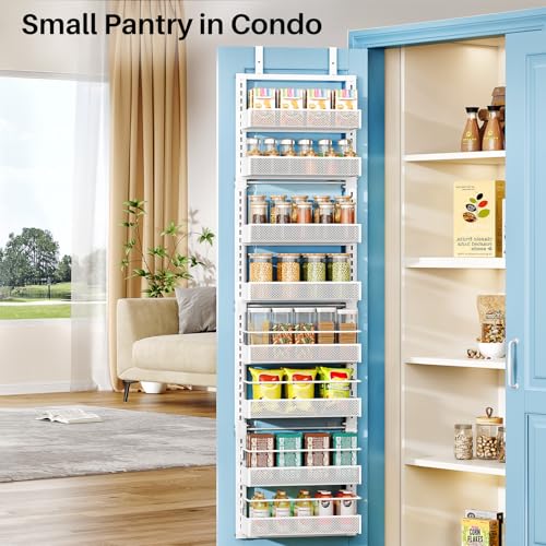 8 Tiers Over the Door Organizer - Height Adjustable Pantry Organizers and Storage with Dense Mesh Baskets, Anti-Swing Hanging Door Spice Rack for Kitchen Bathroom (White, 12.3"W x 4.7"D x 69"H) - color: White, size: 12.3"W x 4.7"D x 69"H