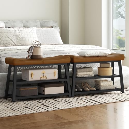 YATINEY Shoe Bench, 3-Tier Shoe Rack, Entryway Bench with Storage and Cushion, for Hallway, Foyer, Bedroom, Brown and Black HX02BV - color: Brown + Black