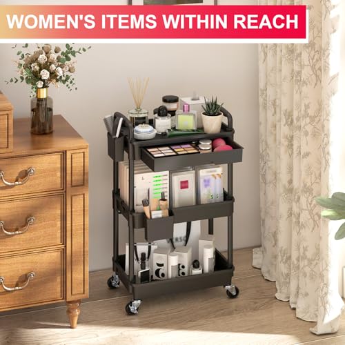 Goovilla 3 Tier Rolling Utility Cart Organizer with Removable Drawer, Stable and Sturdy Black Rolling Storage Carts with 2 Lockable Wheels for Bathroom, Kitchen, Snack, Craft, Makeup, Baby Essentials - size: 3 Tier, style: Black