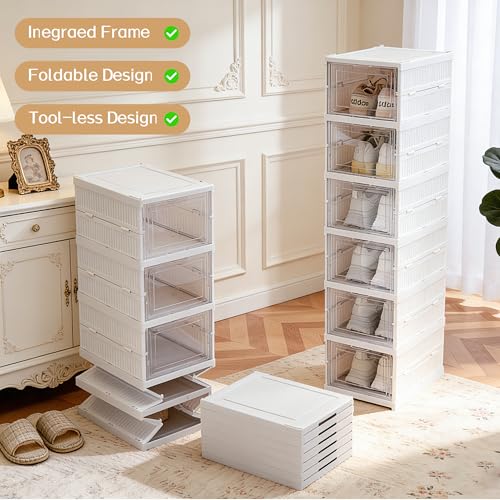 ZLLZUU Shoe Storage Box, No-Assembly 6 Tiers Foldable Shoe Organizer with Clear Door, Space-saving Shoe Rack，Sturdy Clear Plastic Stackable Sneaker Container - color: 6Tiers