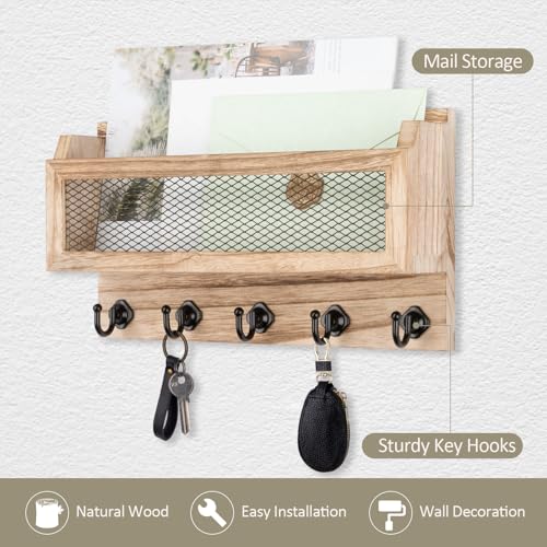 Nekon Mail and Key Holder for Wall Decorative, 11 Inch Wooden Wall Key Organizer with 5 Key Hooks, Wall Mount Storage Shelf for Entryway Hallway (Wood) - color: Wood
