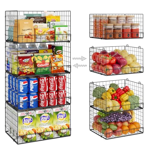 4 Pack Stackable Wire Baskets for Pantry Organizers and Storage, Large Pantry Basket for Snack Organizer, Foldable Fruit and Vegetable Storage Bin Store Can Onion Potato for Kitchen Cabinet/Countertop - color: Black, size: 4-Tier
