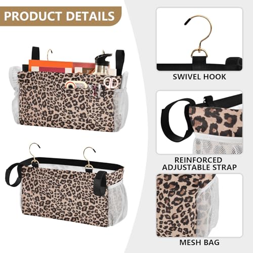 Bedside Caddy Hanging Bunk Bed Caddy Bed Organizer Hanging Pocket with 2 Hooks Bedside Storage Organizer Pocket Bag Holder Leopard Print Brown - color: Leopard Print Brown