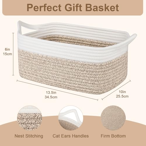 OIAHOMY Woven Basket, Gift Basket Empty with Gift Bags and Ribbons, Rope Baskets for Baby Showers, Storage Baskets with Handles for Nursery, Pet Toy Organizer - Brown & White - color: Brown & White, size: Medium: 13.5L*10W*6H