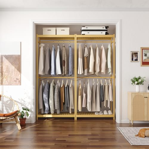 Homykic Bamboo Clothes Rack with Shelves and Double Hang Rods, Portable Closet System Garment Rack for Hanging Clothes, Tall Clothing Rack Corner Closet Organizer, Easy to Built, Natural - color: Natural, size: Standard