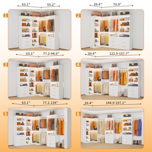 Closet System with 3 Sets, 6.5-16FT Corner Closet Organizer System with 6 Drawers & 11 Shelves & 6 Hanging Rods, Custom L-Shaped Modular Walk-in Closet Organizers and Storage System Corner, White - color: CL8914-White