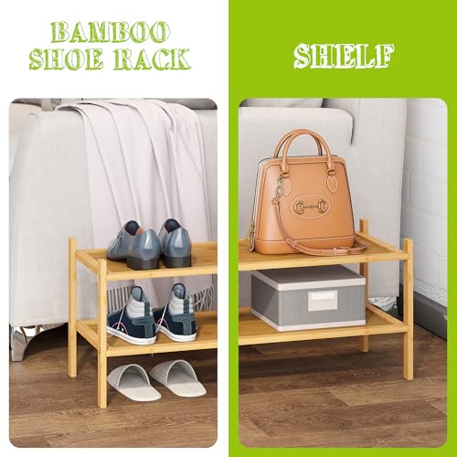 BMOSU 2-Tier Bamboo Shoe Rack Premium Stackable Shoe Shelf Storage Organizer for Hallway Closet Living Room Entryway Organizer(Natural) - color: Natural, size: 2-Tier（27*11*12.6inches）