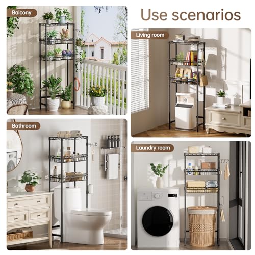Golpart 3-Tier Over-The-Toilet Storage Shelf,Heavy-Duty Adjustable Bathroom Rack with 2 Mesh Baskets,Toilet Paper Holder & Hooks,Space-Saving Organizer for Bathroom,10”D x 24”W x 66”H,Black - size: Black with Baskets-10"D x 24"W x 66"H