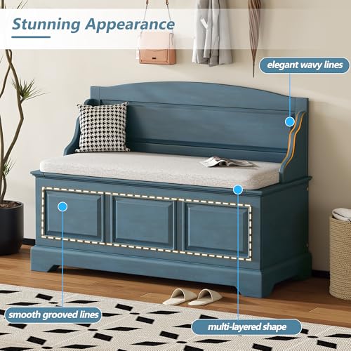 Knocbel Rustic Entry Storage Bench with Hidden Compartments and Removable Cushion, Wooden Entryway Hallway Foyer Shoe Bench Bedroom End of Bed Bench (Antique Navy and Beige) - color: Antique Navy and Beige