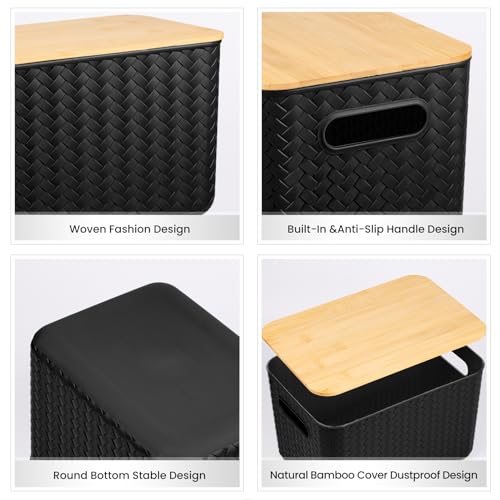 Ohmlove 4 Packs Storage Bins with Bamboo Lids - Plastic Storage Containers with Lids Stackable Storage Box: Storages Baskets for Organizing Desktop Closet Playroom Classroom Office, Black - color: Black