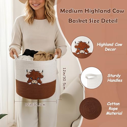 Highland Cow Cute Basket for Nursery, Woven Cotton Rope Storage Basket for Kids, Baby Blanket Organizer with Handles, Storage Basket for Blanket Towel Toys Clothes, Highland Cow Decor, Medium - color: Cow, size: Medium