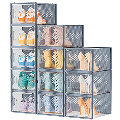 SIMPDIY Shoe Storage, 12 Pack X-Large Shoe Organizer for Closet, Shoe Boxes Clear Plastic Stackable Shoe Storage Boxes for Size 13 - color: Grey