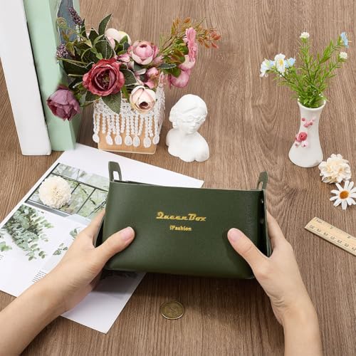 Foldable Storage Basket Bin PU Leather Desktop Organizer Box Green Small Catchall Basket Rectangle Tray Double Handles for Entryway Bedside Dresser End Table Cosmetic Jewelry Key Wallet - color: Green