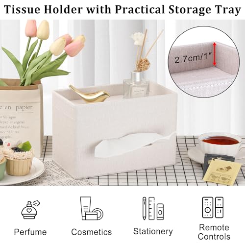 Sumnacon Tissue Box Cover with Storage Tray, Decorative Rectangular Tissue Holder Linen Facial Tissues Organizer Stylish Modern Tissue Dispenser for Bathroom Toilet Tank Vanity Dresser Table - color: Beige