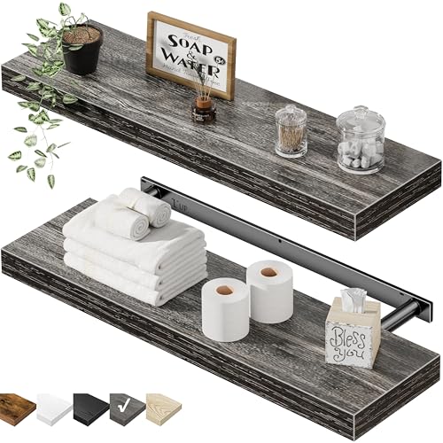QEEIG Floating Shelves for Wall 23.6" Long - Wall Mounted Shelf Bathroom Kitchen Living Room Bedroom Farmhouse Home Decor Display Bookshelf Large 23.6 x 9.3 inch Set of 2, Grey (008-60GY) - color: D. Grey, size: 23.6"