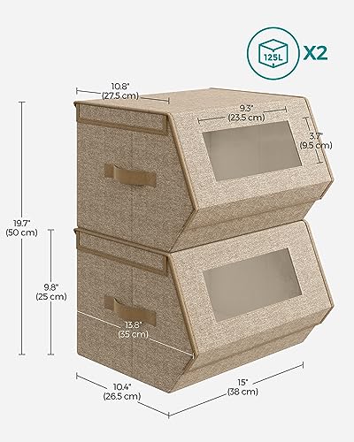 SONGMICS Stackable Storage Bins Set of 2, Storage Boxes with Lids and Front Windows, Non-Woven Fabric Closet Organizers with Magnetic Closures, Side Handles, Sand Beige URLB002Y01 - color: Sand Beige