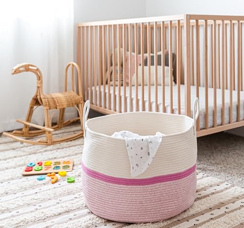 OrganiHaus Large Woven Storage Basket for Blankets and Toys 20" x 13" Inch, Rope Laundry Basket with Handles, Cushions & Pillows Storage Bin, Nursery Hamper, Soft Round Dog Toy Bin - Pink Stripe - color: Striped Pink, size: Wide