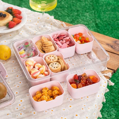 WACOI Divided Snack Serving Tray with Lid and Handle Travel Snackle Charcuterie Container Portable Storage Organizer for Candy, Fruits, Nuts, Snacks, Party, Picnic (1pack, Pink) - color: Pink