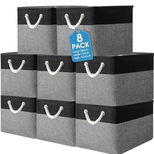 meekoo 8 Pack Collapsible Storage Bins Fabric Storage Bins Polyester Fabric Baskets with Handles Linen Closet Organizer for Shelf Home Closet Towels Toys(15 x 11 x 9.5 in,Black Gray) - color: Black Gray, size: 15 x 11 x 9.5 In