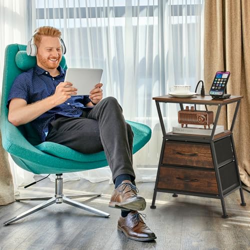 Nightstand with Charging Station, Side Tables for Bedroom with Built-in USB Side Table with 2 USB Ports and Outlets Nightstand with Cloth Drawer End Tables Living Room Sofa Couch - color: Rustic Brown With Socket