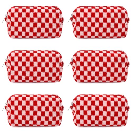 SOIDRAM Makeup Bag Preppy Cosmetic Bag Bulk Makeup Pouch Personalize Travel Toiletry Bag Organizer Cute DIY Makeup Brushes Storage Bag for Women - color: Red checkered, size: 6 Pack