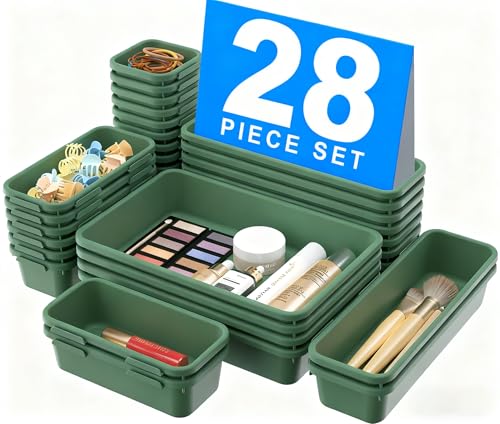 A-LuGei 【𝟮𝟴𝗣𝗖𝗦】 【𝟱𝗦𝗶𝘇𝗲】 ArmyGreen Drawer Organizer, Makeup organizer, 【Holds 177 Items】 Bathroom Organizers and Storage, Plastic Desk Organizer Divider, Organizer Bins for Office Vanity - color: Deep Green