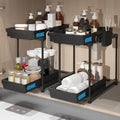 Sevenblue 2 Pack Double Sliding Under Sink Organizers and Storage, 2 Tier Under Bathroom Cabinet Shelf Organizer with Hooks Hanging Cup, Home Organization, Black