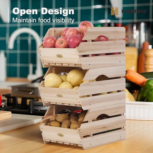 HABAU Wood Potato Onion Storage Bins - Wooden Stackable Produce Basket - Fruit Vegetable Storage for Kitchen Pantry Organization, Set 3 Pieces - color: Natural