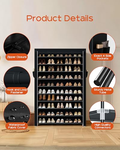 CASAMAYA Shoe Rack with Covers, 10 Tiers Tall Shoe Rack Organizer, Large Capacity Shoe Shelf Storage, Hold 50 Pairs of Shoes, Vertical Shoe Storage Organizer for Closet, Entryway, Black, SRT105B01 - size: 37.8"W - 10 Tier