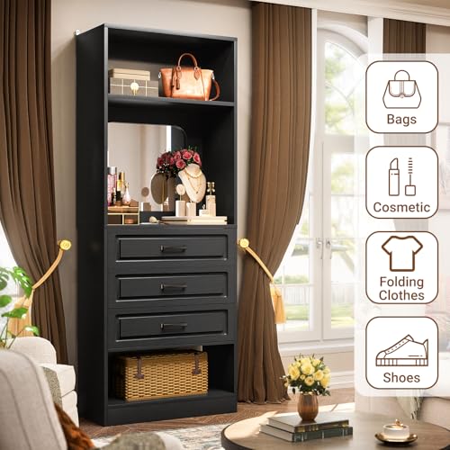 Unikito 25”Freestanding Closet System with 3 Drawers, Organizer Wardrobe with Storage Shelves and Mirror, Sturdy Wood Walk-in Organizer Systems for Small Closets, 25" W x 16" D x 80" H, Black - color: Black, size: 25 Inch