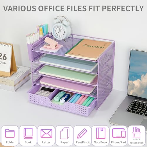LEKETREE Desk Organizers and Accessories, 5-Tier Paper Letter Tray Organizer with Drawer & 2 Pen Holders, Desktop Organizer for Office Supplies (Purple) - color: Purple, size: 12" x 8" x 10"