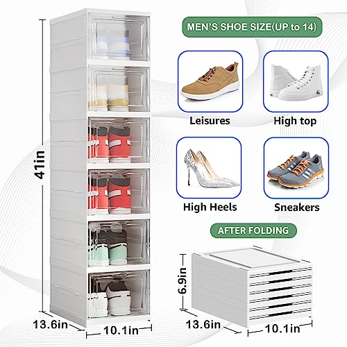 Shoe Storage Organizer Box 6-Tier Foldable Collapsible Stackable Shoe Rack Bins, Fit Size 12, No Assembly, for Men and Women