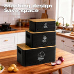 Potato Onion and Garlic Storage Bin Set of 3, Black Metal Kitchen Vegetable Canisters with Bamboo Lid and Aerating Holes, Stackable Kitchen Storage Tin for Countertop Pantry - color: B - Black Vegetable Canisters