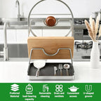 Stainless Steel Pot Lid Organizer, Double-Layer Kitchen Pot Lid Storage Rack with Removable Drip Tray, Countertop Spoon & Utensil Holder for Stovetop (Silver)