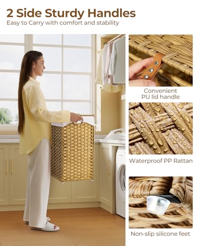 GREENSTELL Laundry Hamper with Lid, 90L Clothes Hamper with 2 Removable Liner Bags & 2 Mesh Laundry Bags, Handwoven Synthetic Rattan Laundry Basket for Clothes, Toys in Bathroom, Bedroom Natural - color: Natural, size: 90L (18.1 x 13.0 x 23.6 inches)