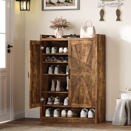 BINGTOO 45" Tall Farmhouse Shoe Storage Cabinet with Doors, Large Shoe Organizer with 4 Adjustable Shelves, Extra Deep Wooden Shoe Rack for Entryway, Foyer, Hallway (Brown, 1 Cabinet) - color: Brown, size: 1 Cabinet