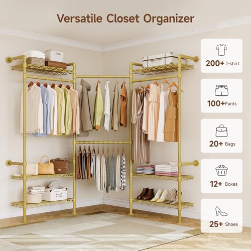 ONBRILL L3 Wall Mounted Industrial Pipe Closet System, Corner Closet Organizers with 4 Telescopic Rods & 6 Shelves, Heavy Duty Clothing Clothes Rack in Wardrobe Closet (Gold) - color: Gold