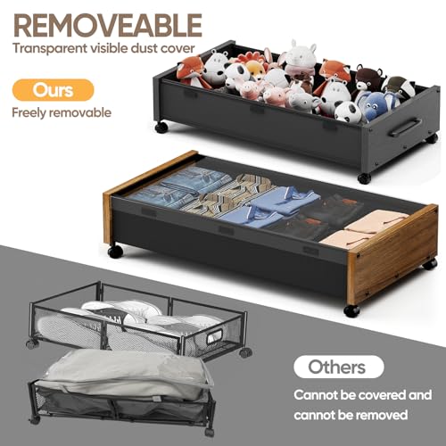 KITHELP Wooden Under Bed Storage with Wheels, Rolling Under the Bed Storage Bins with Removable Lid, Metal Under Bed Drawers for Clothes and Shoes in Bedroom or Living Room(Walnut Brown-1pack) - color: Walnut Brown-1pack
