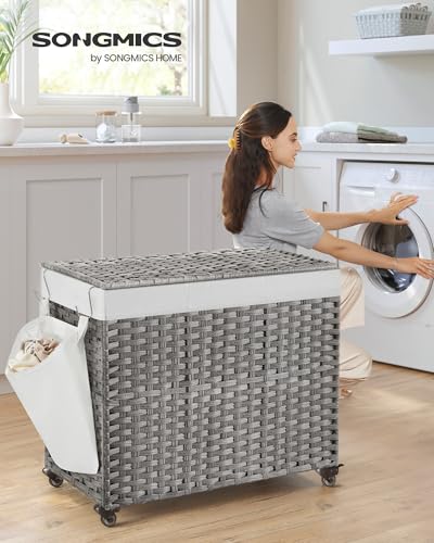 SONGMICS Laundry Hamper with Lid, 42.3 Gallons (160 L), Rolling Laundry Basket with Wheels, 3-Section Synthetic Rattan, Removable Liner, Bedroom, 29.9 x 13 x 26 Inches, Gray ULCB365G01 - color: Gray, size: 160 L